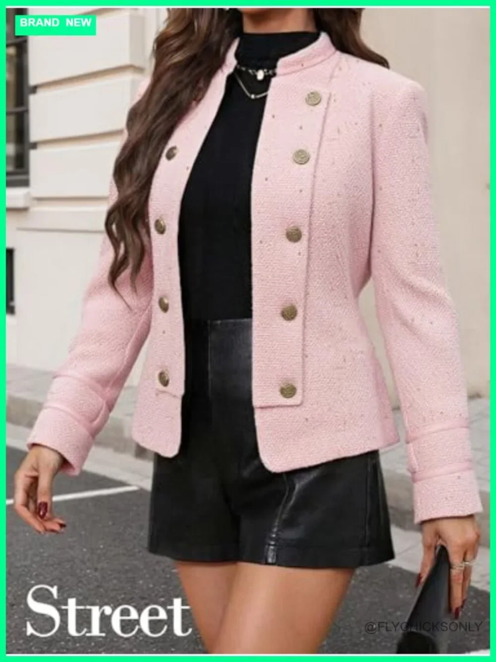 Women's Tweed Blazer Jacket - Open Front Slim Double-Breasted Stand Collar Work